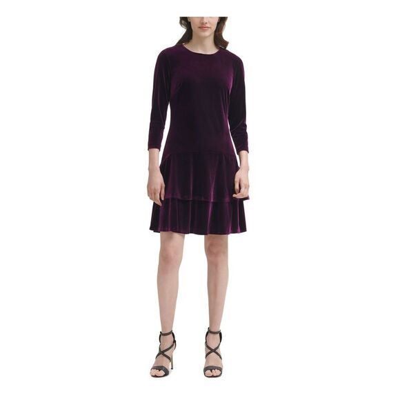 DKNY Women's Button Cuff Elbow Sleeve Sheath Dress Purple Size 14